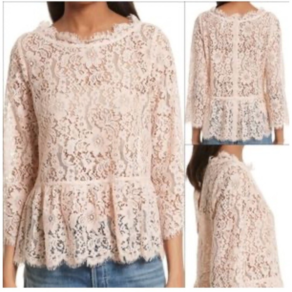 Joie Womens Floral Lace Back Buttoned Fringe Hem Long Sleeve Blouse Blush